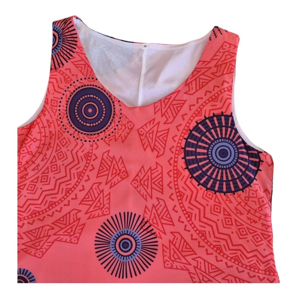 Two Layered Silky Lined Tank Dress Orange Bold Aztec Sphere Print M Pullover EUC - Picture 9 of 12